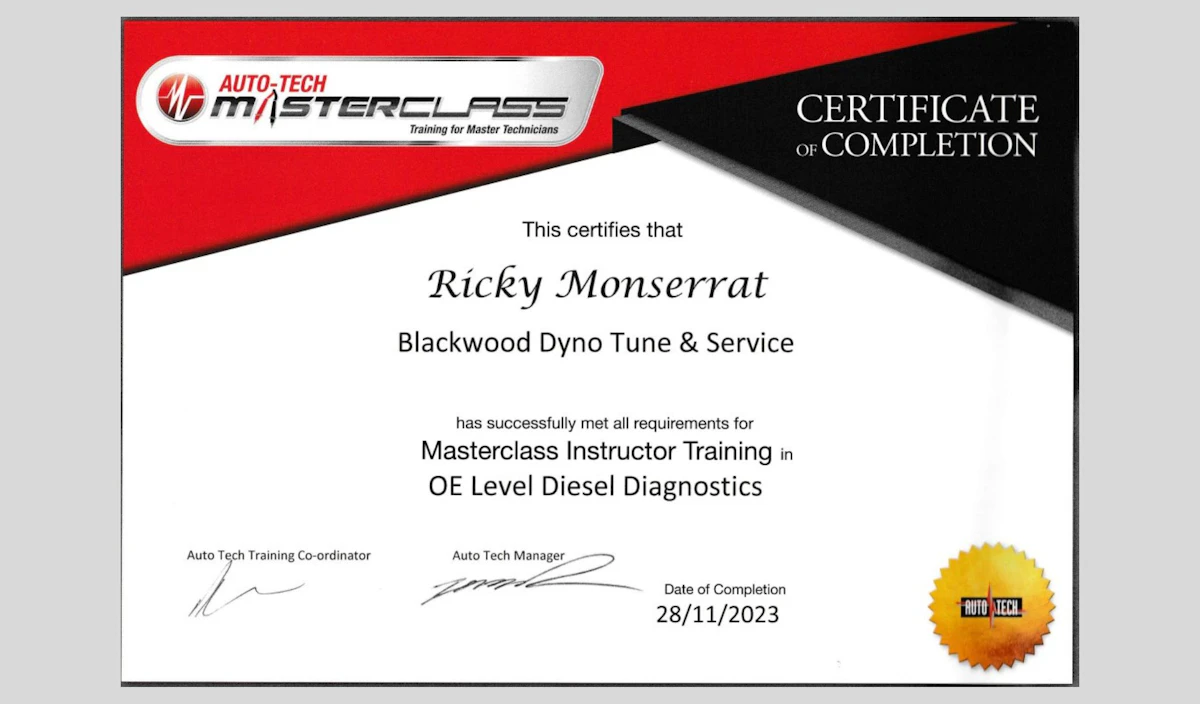 Certificate of Compeletion Diesel Diagnostics Blackwood Dyno Tune & Service